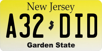 NJ license plate A32DID