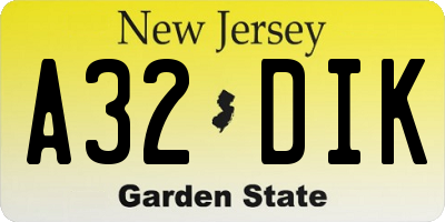NJ license plate A32DIK