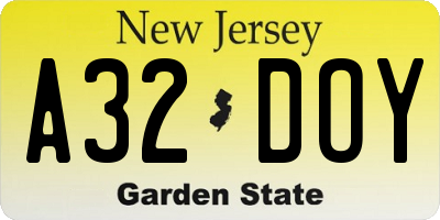 NJ license plate A32DOY
