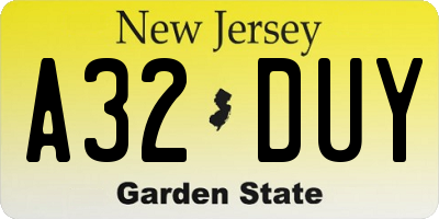 NJ license plate A32DUY
