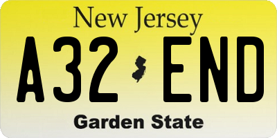 NJ license plate A32END