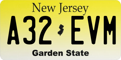 NJ license plate A32EVM