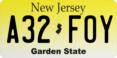 NJ license plate A32FOY