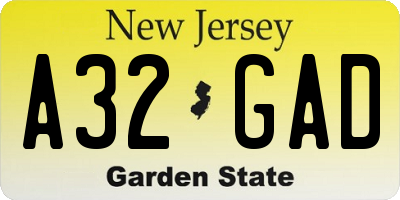 NJ license plate A32GAD