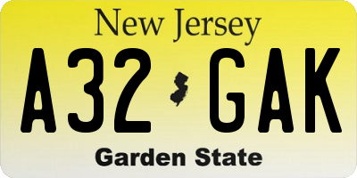 NJ license plate A32GAK