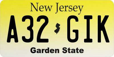 NJ license plate A32GIK