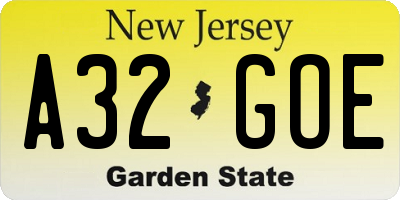 NJ license plate A32GOE