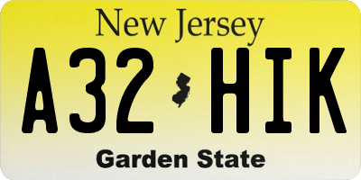NJ license plate A32HIK