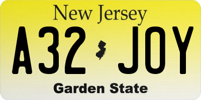 NJ license plate A32JOY