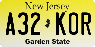 NJ license plate A32KOR