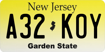 NJ license plate A32KOY