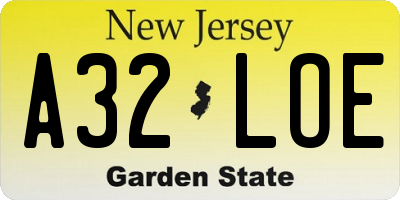 NJ license plate A32LOE