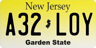 NJ license plate A32LOY