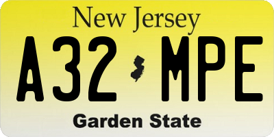 NJ license plate A32MPE