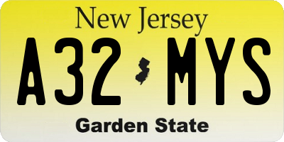 NJ license plate A32MYS