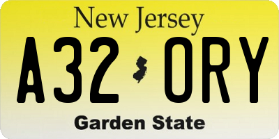 NJ license plate A32ORY
