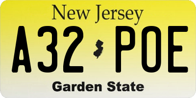 NJ license plate A32POE