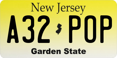 NJ license plate A32POP