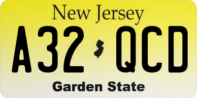 NJ license plate A32QCD