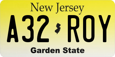 NJ license plate A32ROY