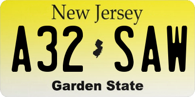 NJ license plate A32SAW