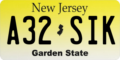 NJ license plate A32SIK