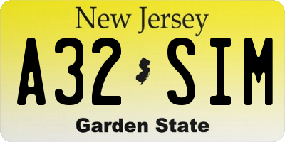 NJ license plate A32SIM