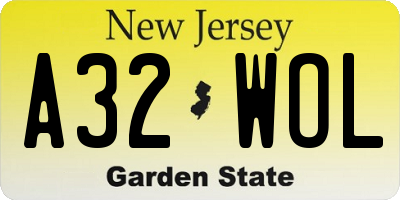 NJ license plate A32WOL