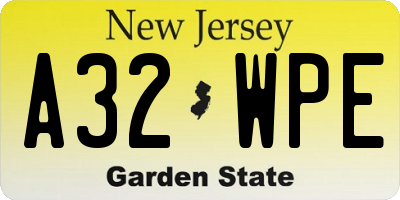 NJ license plate A32WPE