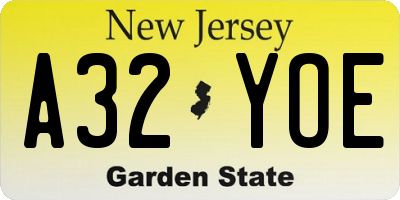 NJ license plate A32YOE