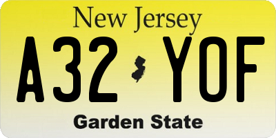 NJ license plate A32YOF