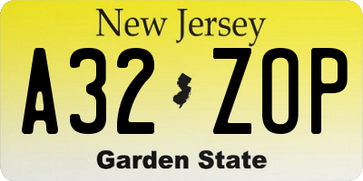 NJ license plate A32ZOP