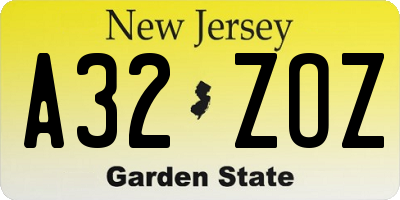 NJ license plate A32ZOZ