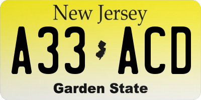 NJ license plate A33ACD