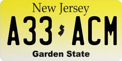 NJ license plate A33ACM