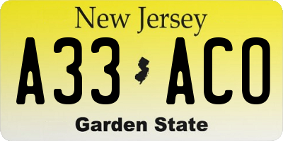 NJ license plate A33ACO