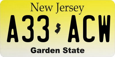 NJ license plate A33ACW