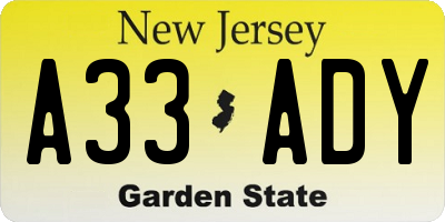 NJ license plate A33ADY