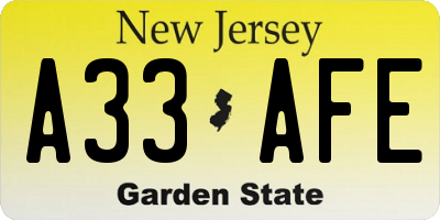 NJ license plate A33AFE