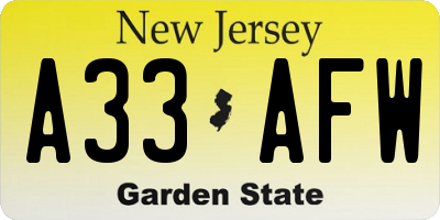 NJ license plate A33AFW