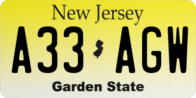 NJ license plate A33AGW