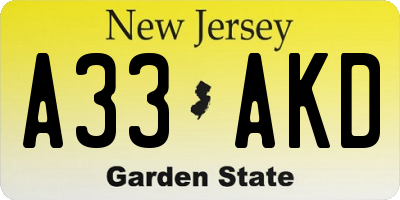 NJ license plate A33AKD