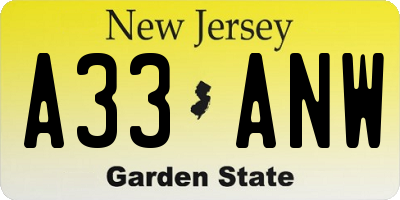 NJ license plate A33ANW