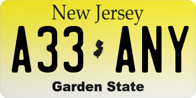 NJ license plate A33ANY