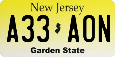 NJ license plate A33AON