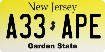 NJ license plate A33APE