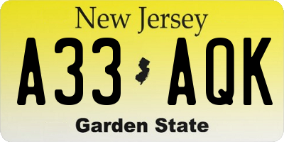 NJ license plate A33AQK
