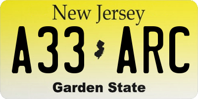 NJ license plate A33ARC