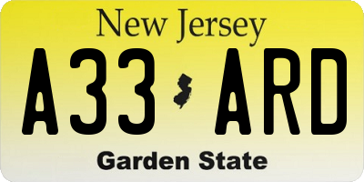 NJ license plate A33ARD