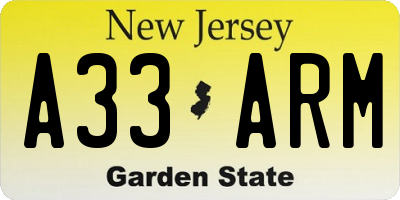 NJ license plate A33ARM